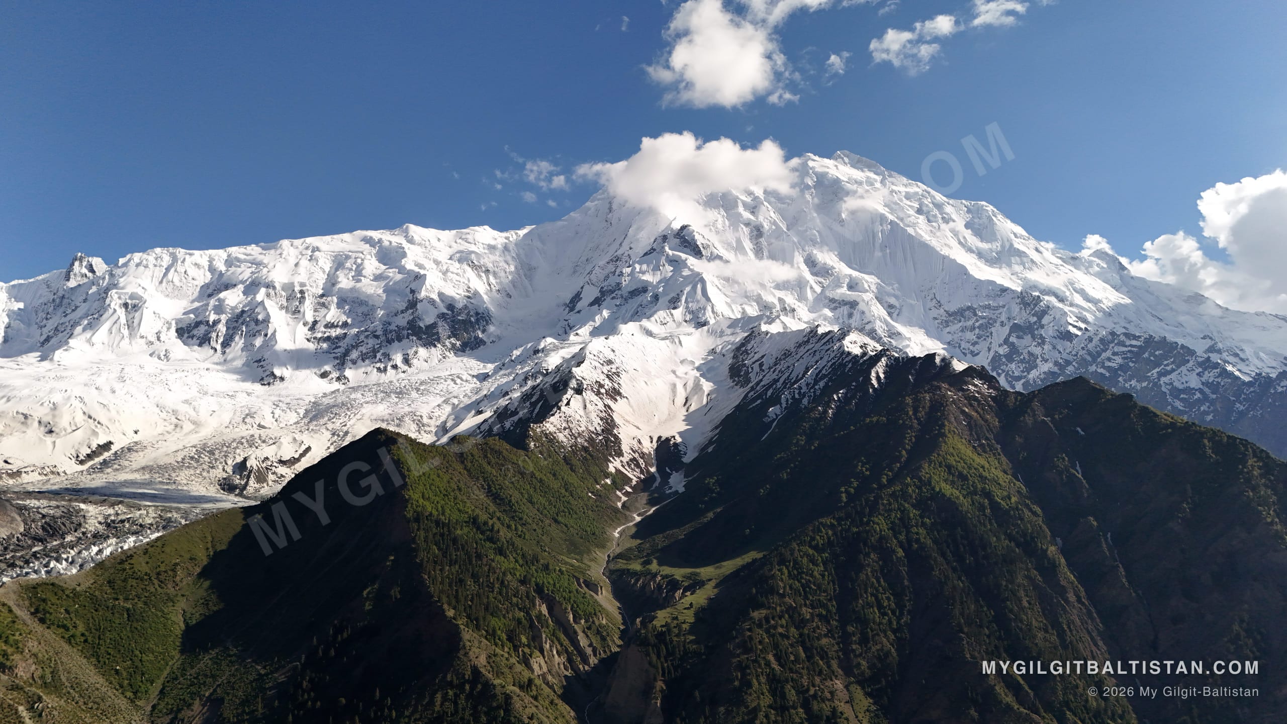 The hanging glaciers and snow slopes of the massif, seen from a green ridge on the far side of the valley.