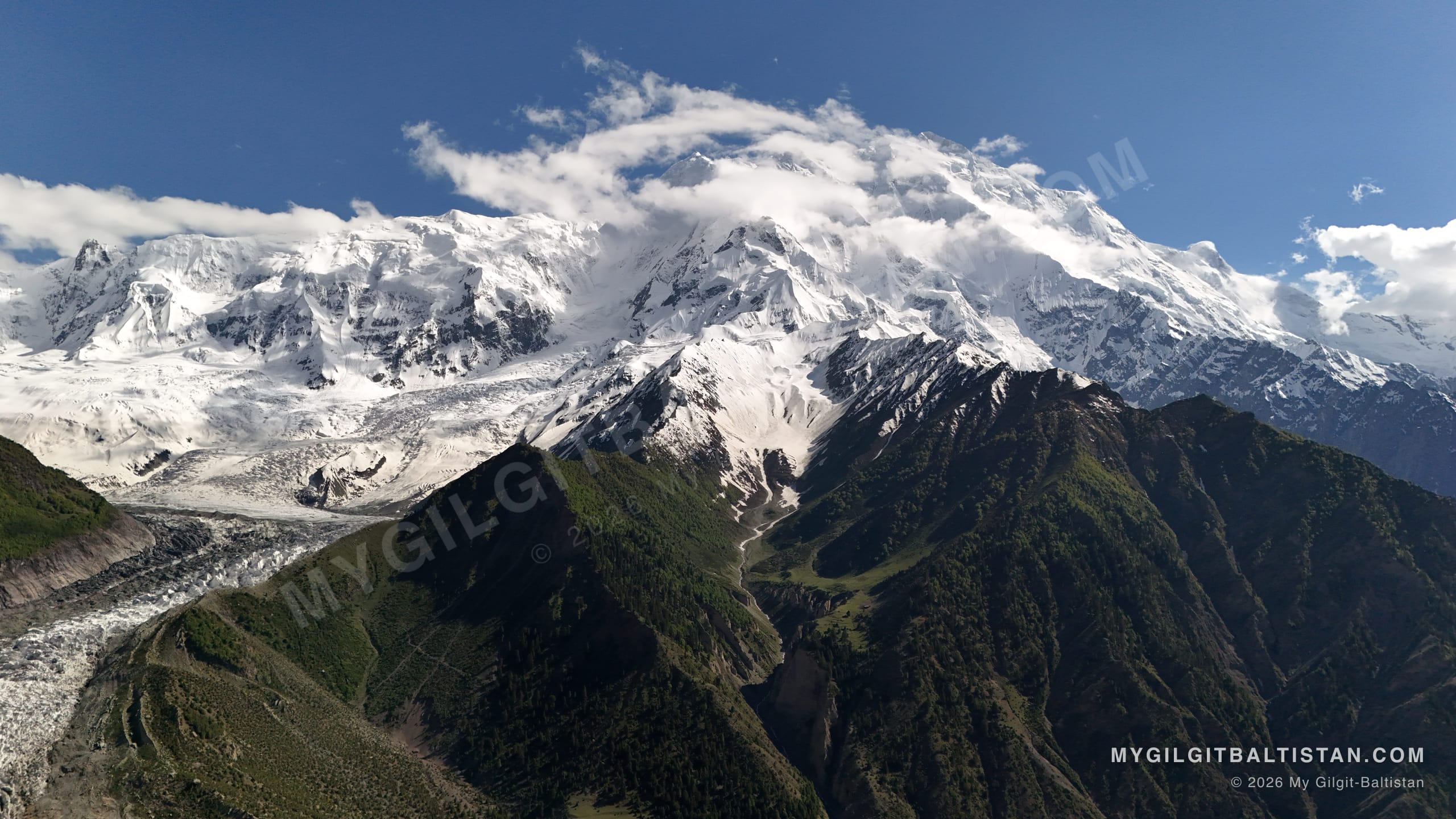 A vast snow face rising above forested ridges and the glacier below - the view that gives Miacher Kho its reputation.